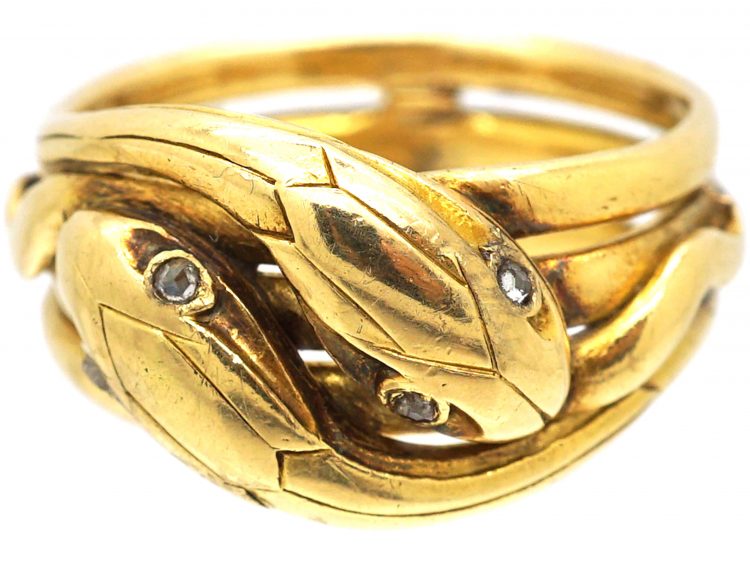 French 19th Century 18ct Gold Double Snake Ring with Diamond Eyes