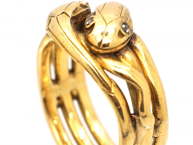 French 19th Century 18ct Gold Double Snake Ring with Diamond Eyes
