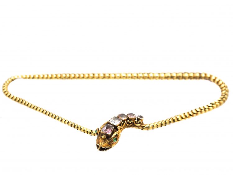 Victorian 15ct Gold Snake Necklace set with Rock Crystal with Emerald Eyes