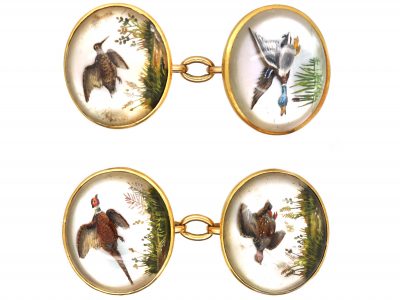 Edwardian 18ct Gold Reverse Intaglio Rock Crystal Game Bird Cufflinks