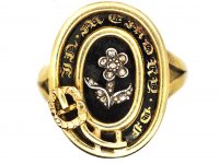 Victorian 9ct Gold & Black Enamel Memorial Ring with a Rose Diamond Forget Me Not