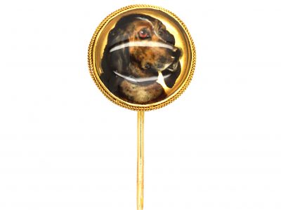 Victorian 18ct Gold, Rock Crystal Reverse Intaglio of a Dog’s Head Tie Pin