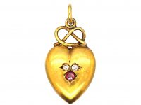 Edwardian 15ct Gold & Gem Set Heart Shaped Pendant with Lover's Knot Above