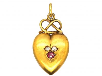 Edwardian 15ct Gold & Gem Set Heart Shaped Pendant with Lover's Knot Above