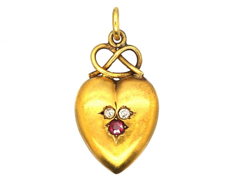 Edwardian 15ct Gold & Gem Set Heart Shaped Pendant with Lover's Knot Above