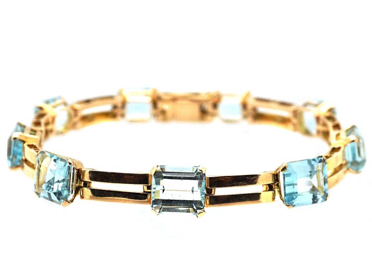 Retro 14ct Gold bracelet set with Aquamarines