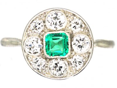 Early 20th Century 18ct White Gold & Platinum Emerald & Diamond Cluster Ring
