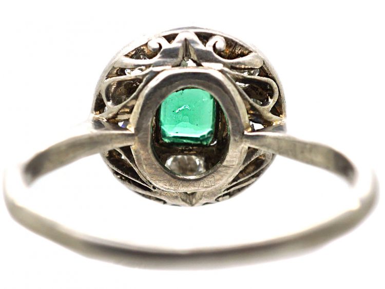 Early 20th Century 18ct White Gold & Platinum Emerald & Diamond Cluster Ring