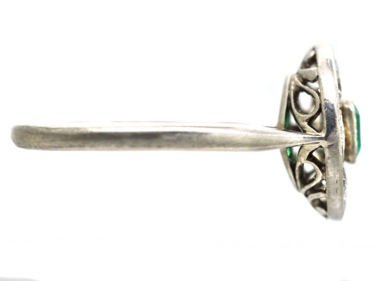Early 20th Century 18ct White Gold & Platinum Emerald & Diamond Cluster Ring