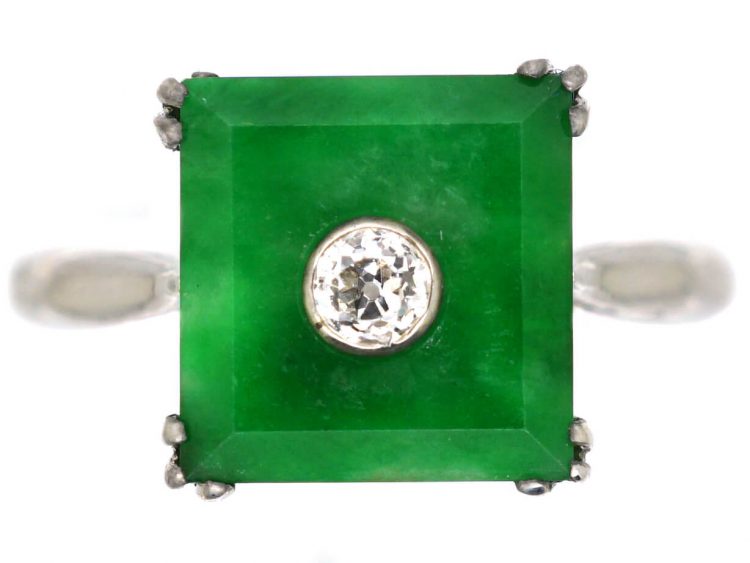 Art Deco Platinum & Jade Square Ring with a Diamond in the Centre