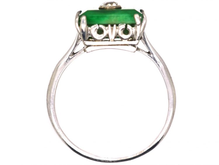Art Deco Platinum & Jade Square Ring with a Diamond in the Centre