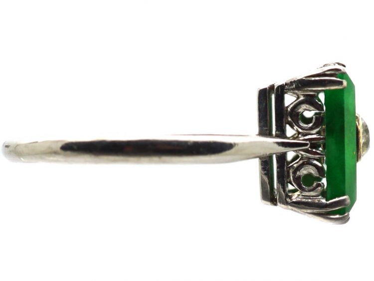 Art Deco Platinum & Jade Square Ring with a Diamond in the Centre