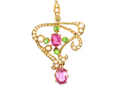 Edwardian 15ct Gold Suffragette Pendant set with Green Garnets, Natural Split Pearls & Pink Tourmalines