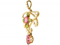 Edwardian 15ct Gold Suffragette Pendant set with Green Garnets, Natural Split Pearls & Pink Tourmalines