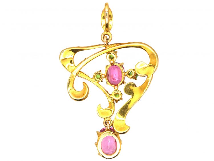 Edwardian 15ct Gold Suffragette Pendant set with Green Garnets, Natural Split Pearls & Pink Tourmalines