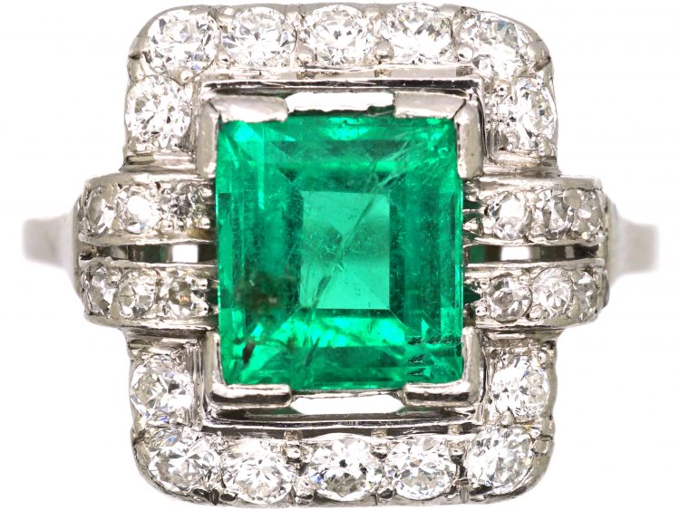 French Import Art Deco Ring Platinum Ring set with a Large Emerald & Diamonds