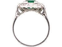 French Import Art Deco Ring Platinum Ring set with a Large Emerald & Diamonds