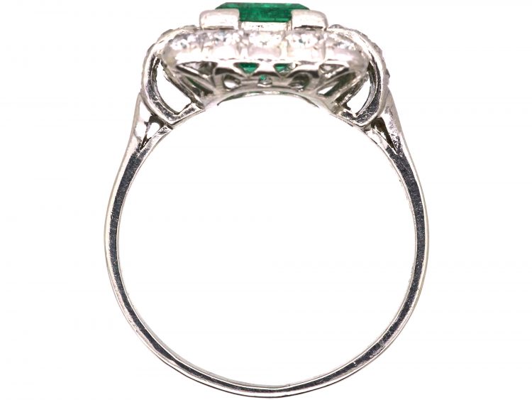 French Import Art Deco Ring Platinum Ring set with a Large Emerald & Diamonds