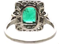 French Import Art Deco Ring Platinum Ring set with a Large Emerald & Diamonds