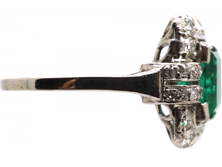 French Import Art Deco Ring Platinum Ring set with a Large Emerald & Diamonds