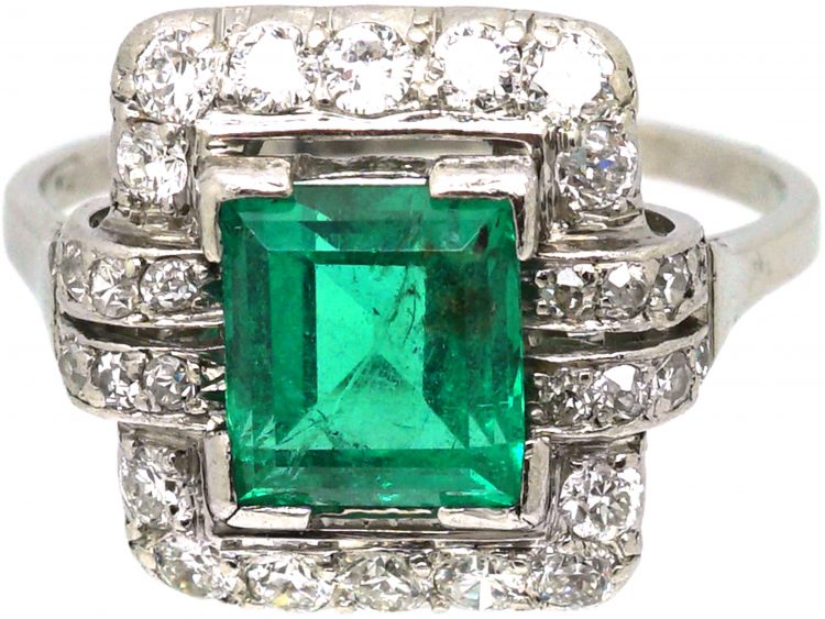 French Import Art Deco Ring Platinum Ring set with a Large Emerald & Diamonds