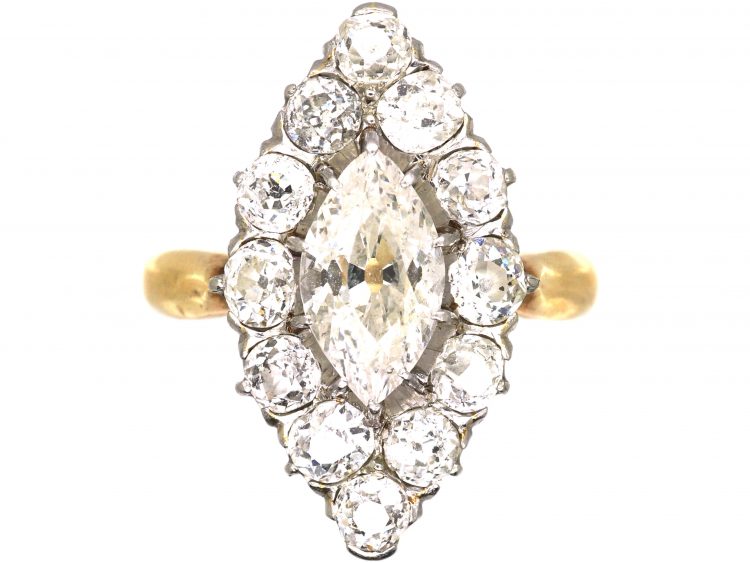 Victorian 18ct Gold Marquise Shaped Diamond Ring set with a Large Marquise Diamond