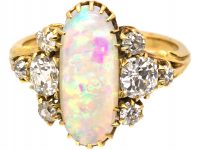 Edwardian 18ct Gold Ring set with a Large Oval Cabochon Cut Opal & Diamonds