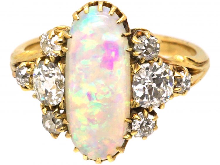 Edwardian 18ct Gold Ring set with a Large Oval Cabochon Cut Opal & Diamonds