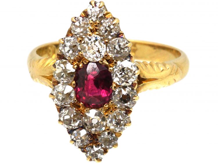 Victorian 18ct Gold Marquise Ring set with a Ruby & Diamonds