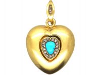 Large Victorian 18ct Gold Heart Locket set with a Turquoise & Rose Diamonds