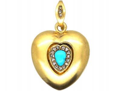 Large Victorian 18ct Gold Heart Locket set with a Turquoise & Rose Diamonds