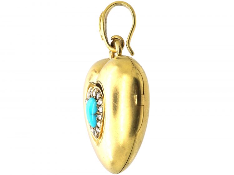 Large Victorian 18ct Gold Heart Locket set with a Turquoise & Rose Diamonds