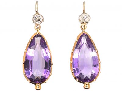 Early 19th Century 15ct Gold & Silver Pear Shaped Amethyst & Diamond Drop Earrings
