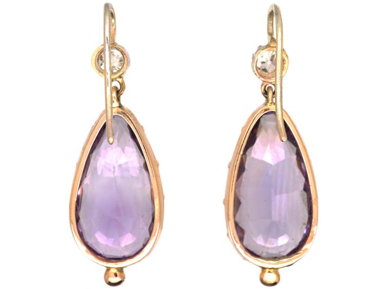Early 19th Century 15ct Gold & Silver Pear Shaped Amethyst & Diamond Drop Earrings