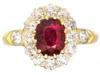 French Early 20th Century Ruby & Diamond Cluster Ring with Diamond Set Shoulders