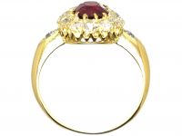 French Early 20th Century Ruby & Diamond Cluster Ring with Diamond Set Shoulders