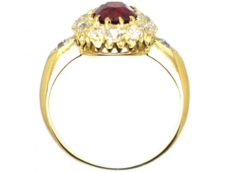 French Early 20th Century Ruby & Diamond Cluster Ring with Diamond Set Shoulders