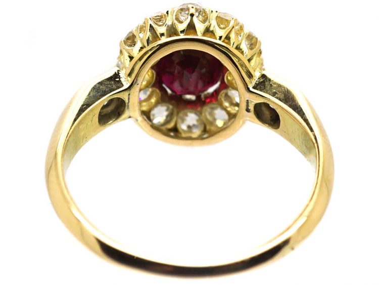 French Early 20th Century Ruby & Diamond Cluster Ring with Diamond Set Shoulders
