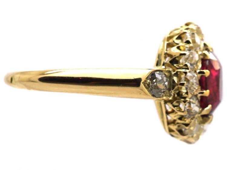 French Early 20th Century Ruby & Diamond Cluster Ring with Diamond Set Shoulders