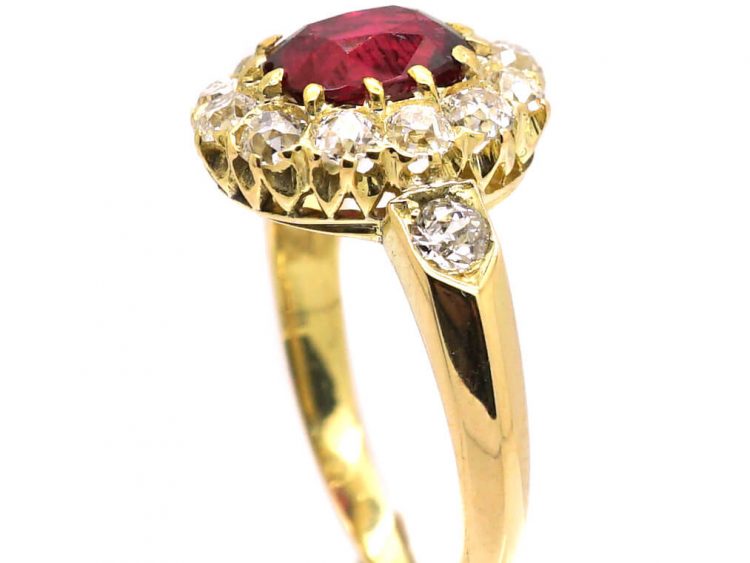 French Early 20th Century Ruby & Diamond Cluster Ring with Diamond Set Shoulders