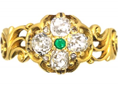 Early 19th Century 18ct Gold Cluster Ring set with Old Mine Cut Diamonds & An Emerald