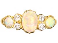 Edwardian 18ct Gold, Three Stone Opal & Diamond Ring