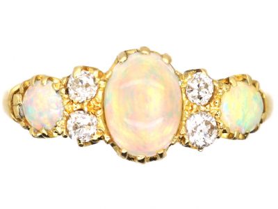 Edwardian 18ct Gold, Three Stone Opal & Diamond Ring