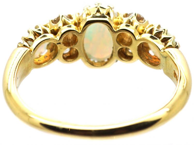 Edwardian 18ct Gold, Three Stone Opal & Diamond Ring