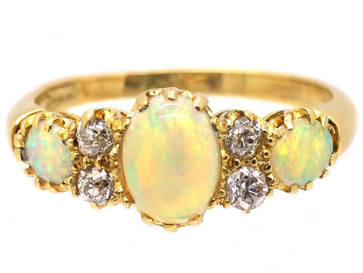 Edwardian 18ct Gold, Three Stone Opal & Diamond Ring