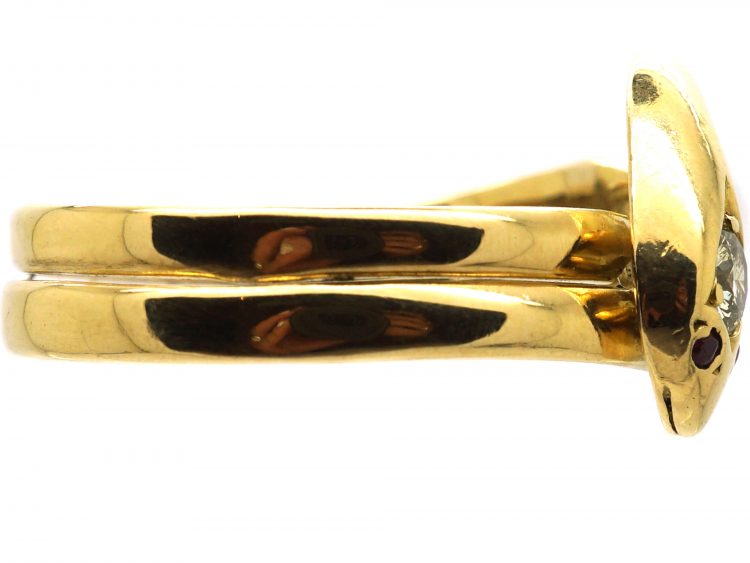 Victorian 18ct Gold Coily Snake Ring set with a Diamond & Ruby Eyes
