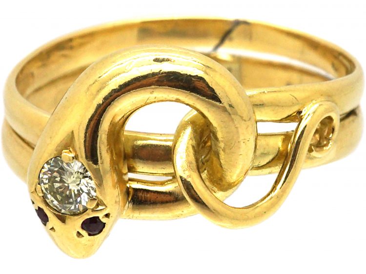 Victorian 18ct Gold Coily Snake Ring set with a Diamond & Ruby Eyes