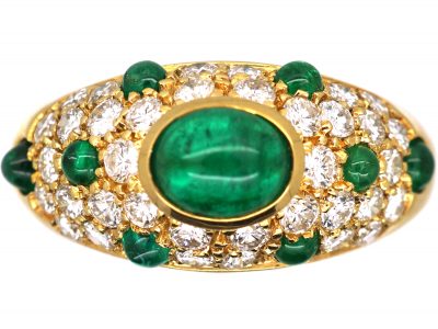 18ct Gold Ring by Cartier set with Cabochon Emeralds & Diamonds