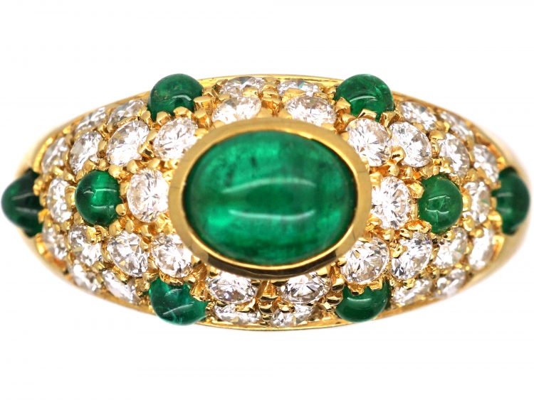 18ct Gold Ring by Cartier set with Cabochon Emeralds & Diamonds