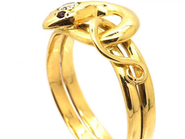 Victorian 18ct Gold Coily Snake Ring set with a Diamond & Ruby Eyes